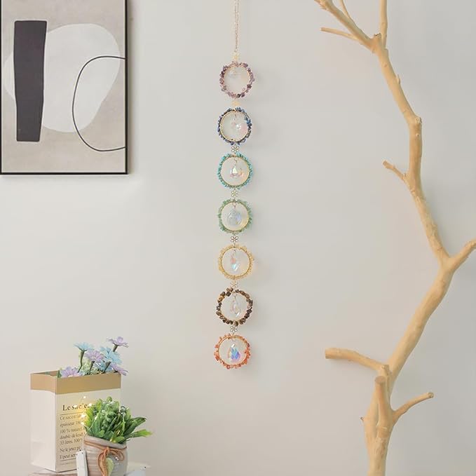 Crystal Sun Catcher Window Hanging 7 Chakra Spheres Gemstone Decor Hanging Ornament Natural Gem Wall Hangings Healing Crystal Decor Handmade Home Window Car Decoration Gift for Mom
