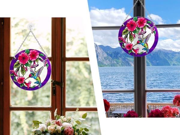 Larger Purple Stained Glass Window Hanging, Hummingbird Gifts for Women, Bird and Flowers Suncatcher, Hummingbird Gifts for Women, Bird and Flowers Suncatcher for Window, Hand Painted Glass