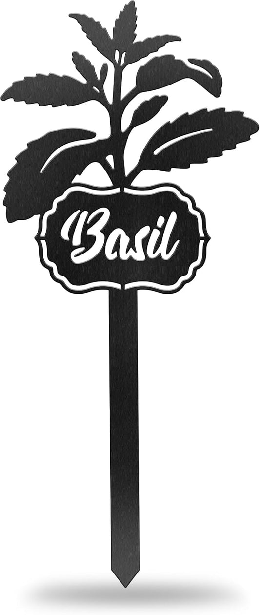 CUTHOLLOW Metal Plant Marker Stake Basil for Outdoor Indoor, Waterproof 11.8 inch Cute Garden Plant Labels Sign Tag for Vegetables, Farmhouse Greenhouse Decor - Funny Gardening Gifts