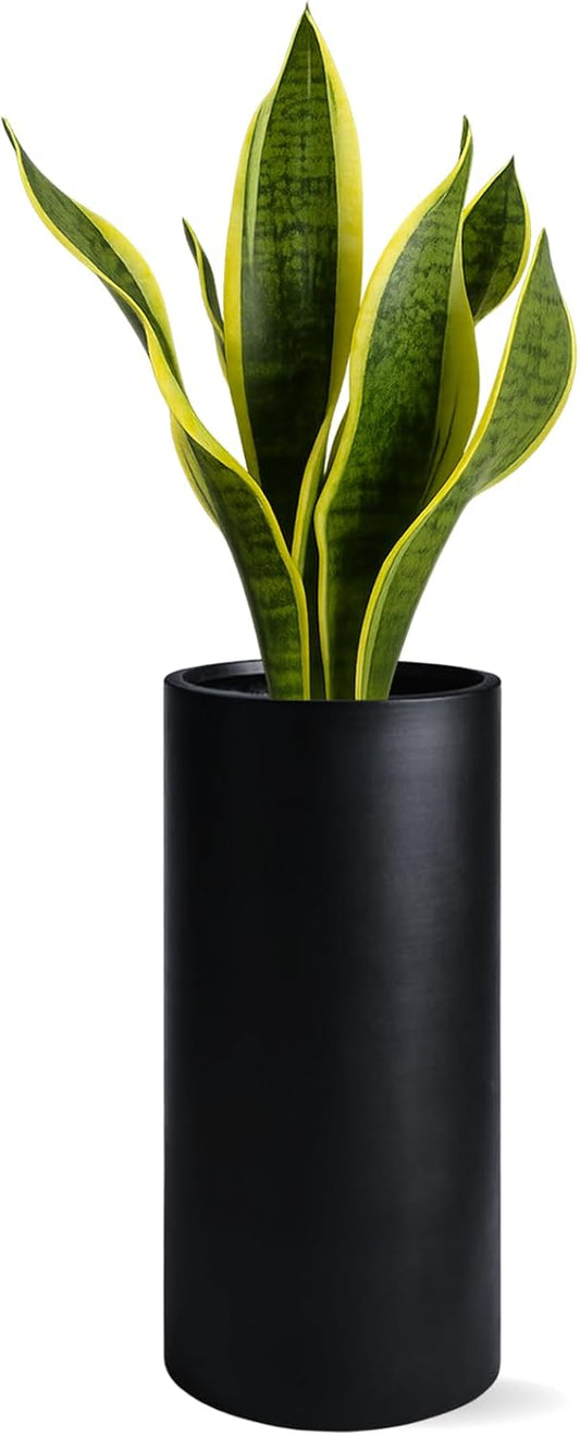 19.5"H x 9.8"D Tubo Fiberstone Cylinder Tall Planter with Drainage Hole, Smooth Finishes, Weather Resistant for Indoor and Outdoor Use, Included 2 Extra Coco Mats (Black, 8.2" Pot Opening)
