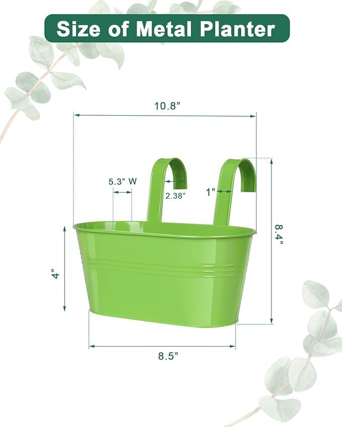 Metal Railing Planter for Outdoor Plants - 3 Pack Balcony Hanging Flower Pots with Detachable Hooks and Drain Holes Oval Bucket Rail Box Fence Planters for Home Garden Decor, Green Yellow Blue