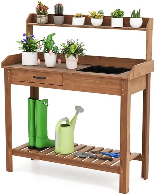 ARNOT Potting Bench,Outdoor Potting Bench Table with Sink and Storage Shelves, Wooden Garden Workstation for Gardening Tools, Planting, and Repotting – Natural Fir Wood (38" x 17" x 50")