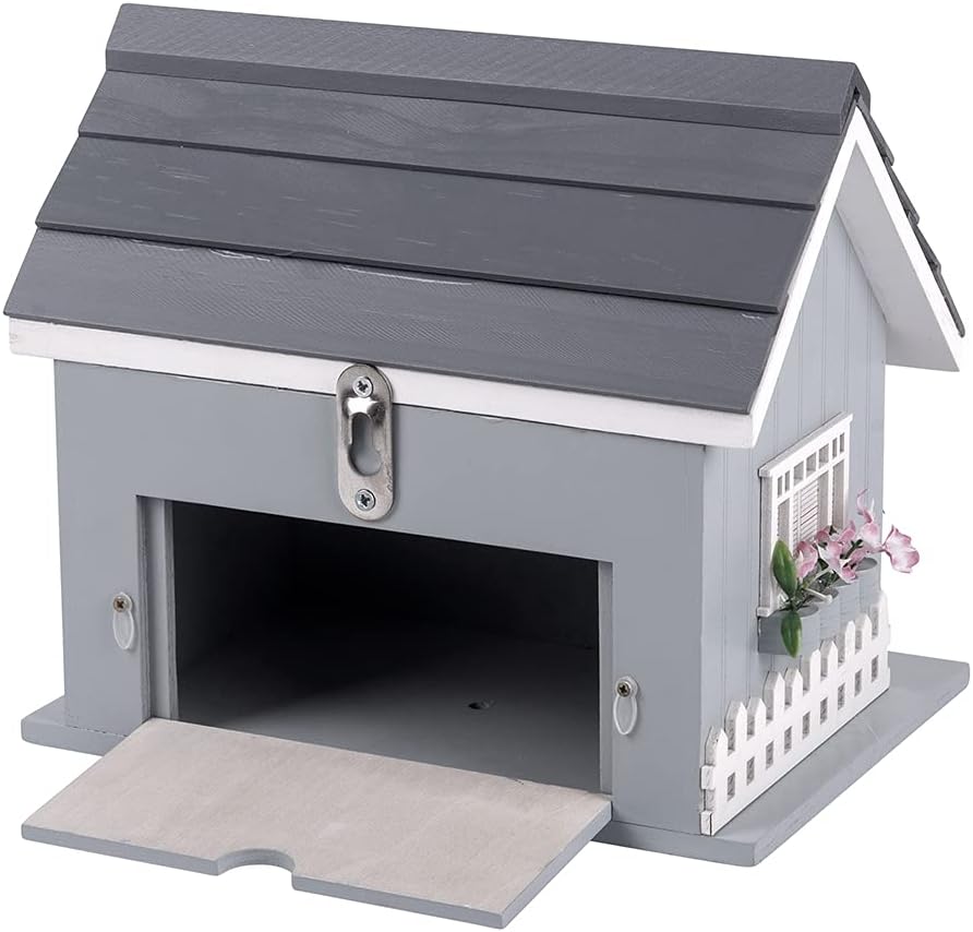 Decorative Wooden Birdhouse for Outdoor Hanging – Handcrafted Miniature Cottage Style with Blue Roof, Front Porch, and Balcony – Garden or Backyard Décor for Wild Birds (Beach House)