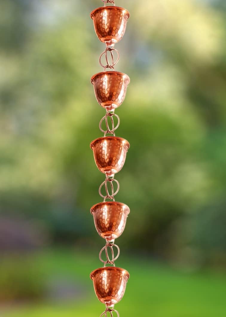 Monarch Rain Chains Pure Copper Hammered Cup Rain Chain, 8.5 ft Decorative Rain Catcher Chain for Gutters, Large Rain Chains for Outside, Rain Gutter Replacement Downspout