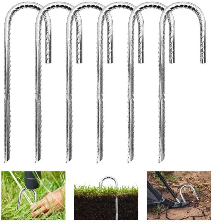 6 Pack Garden Rebar Stakes 3/8" High Thick J Hook Heavy Duty Galvanized Steel Ground Anchors Chain Link Fence Stakes for Chain Link Fence, Trampoline,Camping Tent(White)