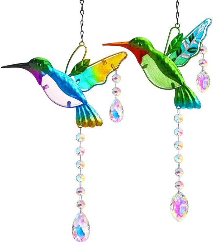 YU FENG 2PCS Hummingbird Suncatchers,Stained Glass Window Hanging Ornament,Rainbow Maker Crystal Prism Suncatcher Outdoor Indoor Home Garden Party Decoration