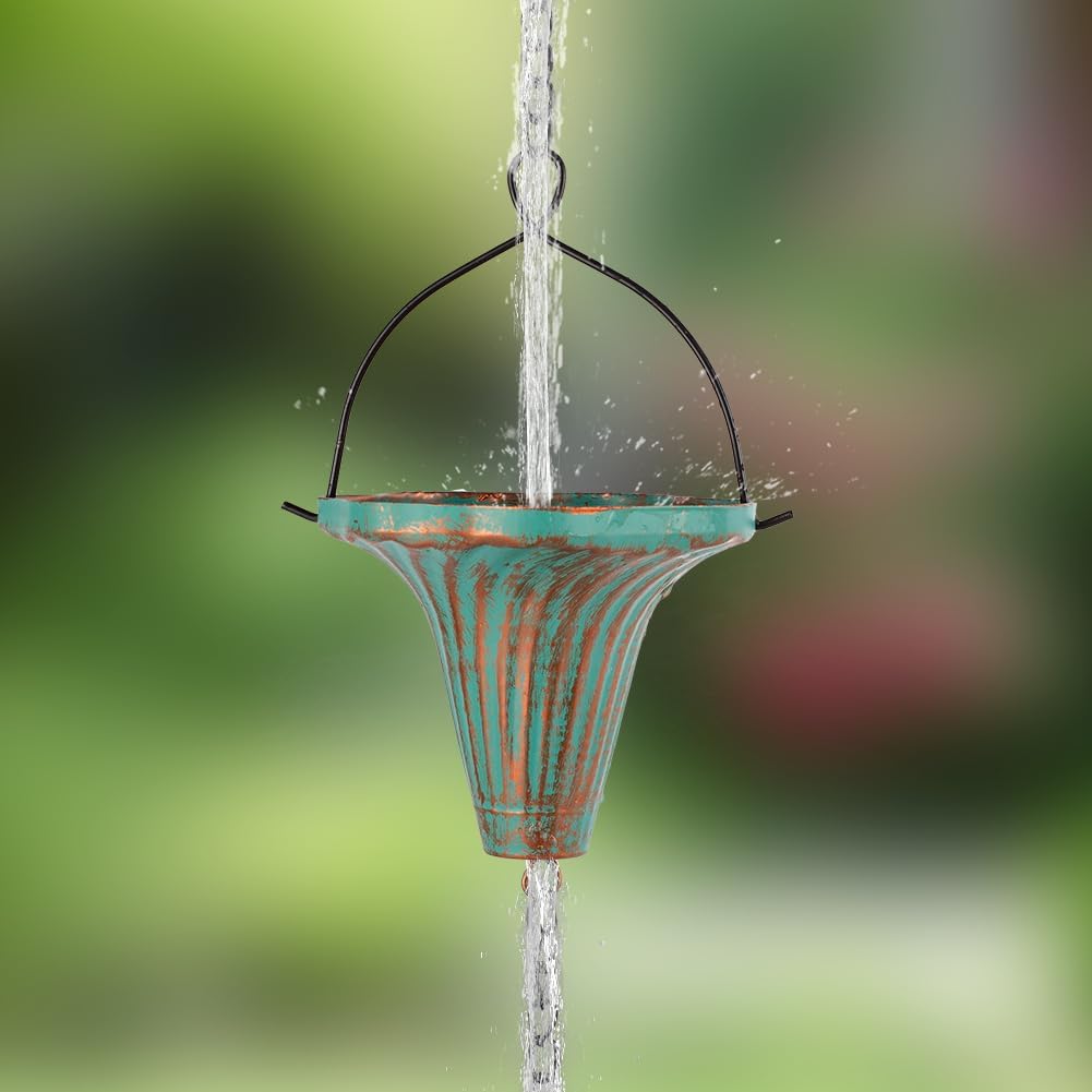 10 Ft Rain Chains for Gutters, Metal Rain Catcher Chain for Eaves Drainage, Rain Gutter Chains with 10 Green Funnel Cups, Adjustable Rain Chain for Outdoor Decor