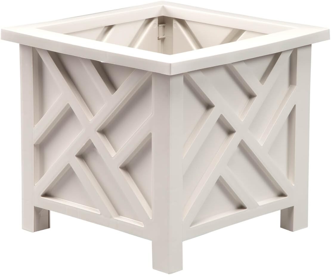 Miles Kimball 329156 Chippendale Planter Box, Plant Holder for Patio and Lawn, 14 ¾” sq. x 13 ¼ H Overall, White