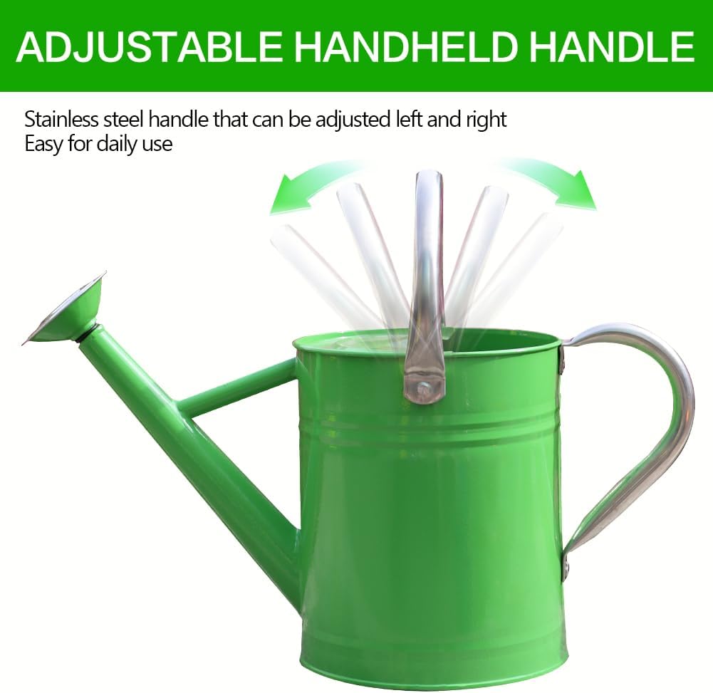 Metal Watering Can, One Gallon Watering Cans Stainless Steel for Outdoor Indoor Garden Plants Watering (Stainless Steel Handle Green)