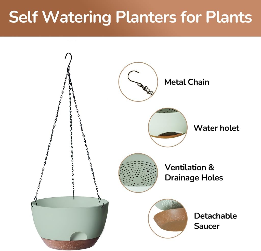 Hanging Planter for Indoor Plants, 10 Inch Self-Watering Hanging Planters with Drainage Holes and Chain, Set of 2 Outdoor Hanging Pots for Garden Home