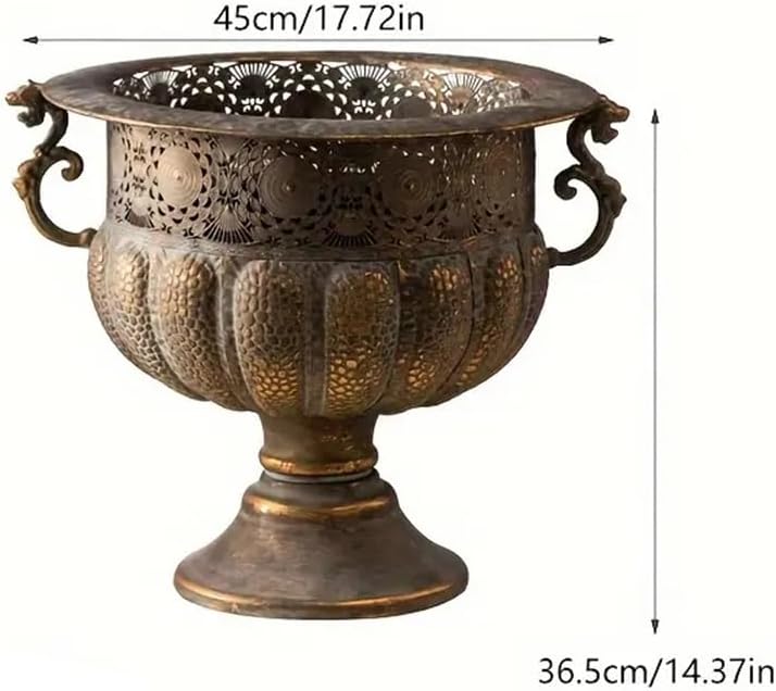 Vintage Metal Decorative Urn Planter with Stand, Embossed Pattern, Bronze Finish (45 * 39 * 36CM)