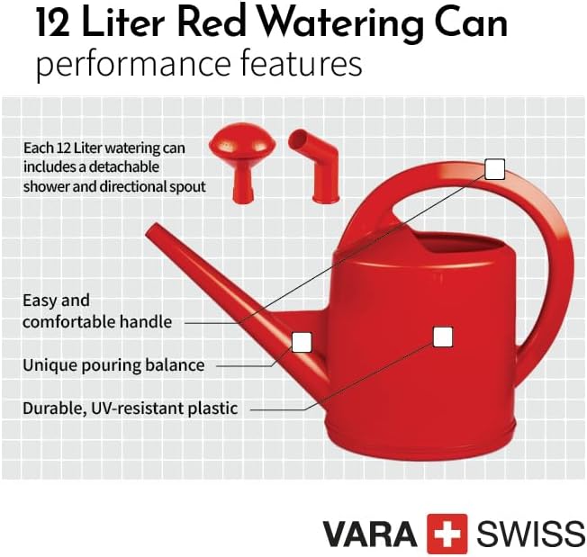 Consolidated Plastics Durable Swiss Watering Can with UV Protection, Ergonomic Handle for Indoor/Outdoor Gardening, Made in Switzerland (12 Liter, Red)