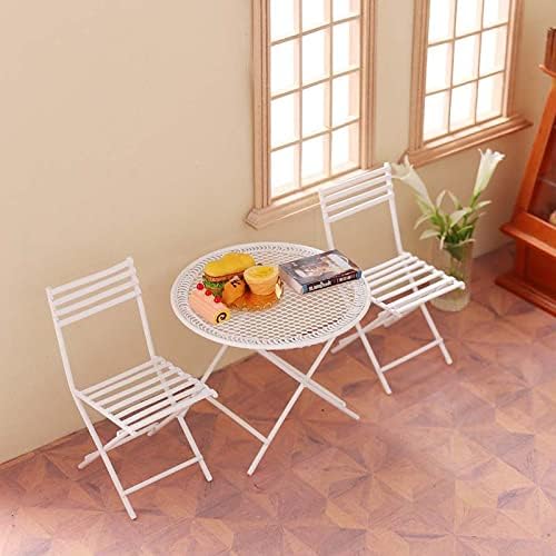 Dollhouse Miniature Bistro Table & Chairs Set Accessories Metal 1:12 Scale Miniatures White Coffee/Tea Furniture Fairy Garden Cute Rustic Elegant Decorations Ornaments (B)