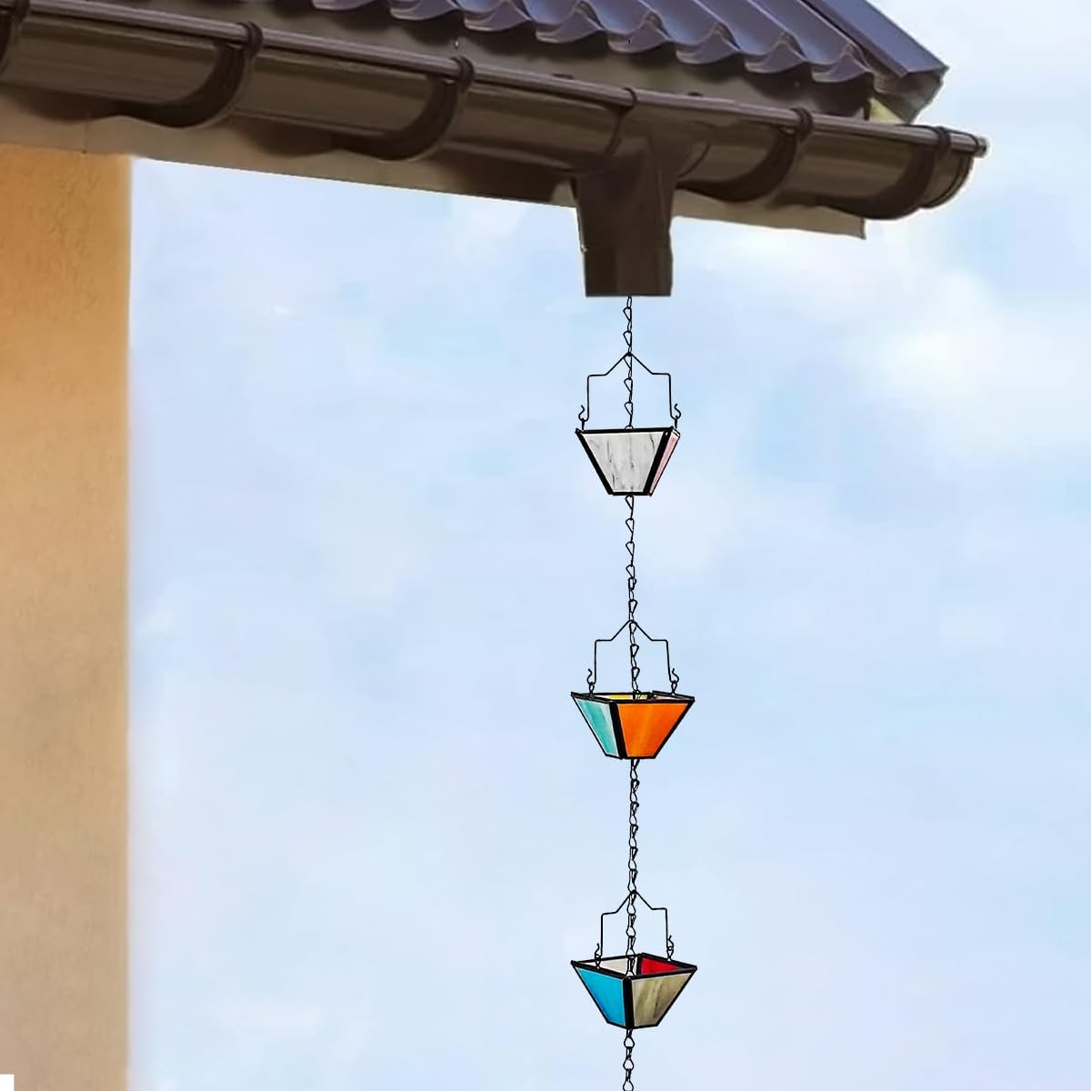 Rain Chain Set 8.5FT,Handmade Pure Copper Inlaid Stained Glass Vintage Style, Rain Chains for Drains to Divert Water & Home Display, Garden Decoration (Mutil col)