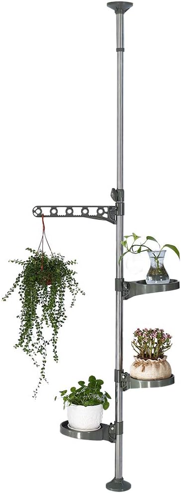 Hershii Indoor Plant Stand Pole Tension Rod Corner Standing Shelf Adjustable Flower Pots Holder Display Rack with 1 Hook & 3 Trays - Grey