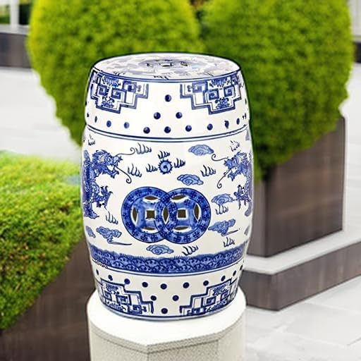 Safavieh Castle Gardens Collection Glazed Ceramic Blue Dragon's Breath Chinoiserie Garden Stool