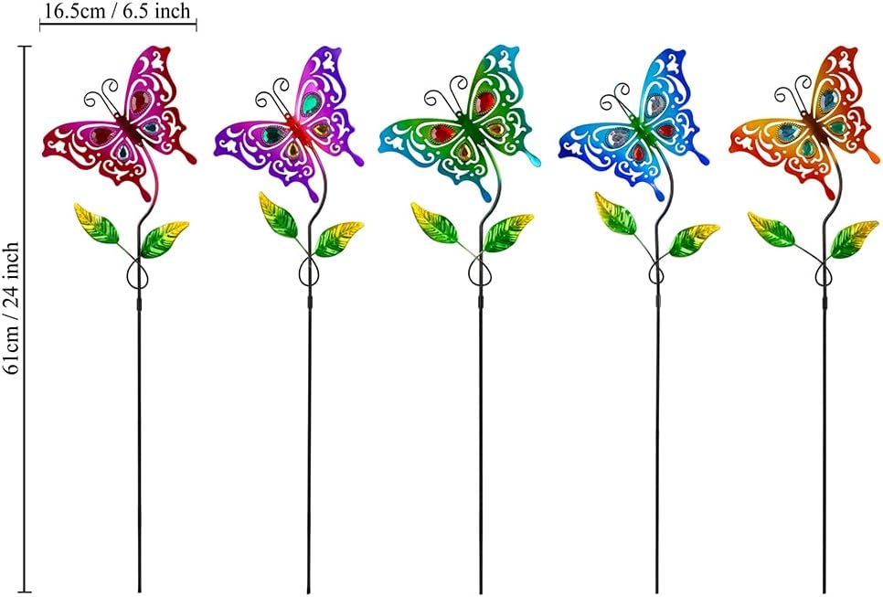 Butterfly Garden Decor for Outside,Colourful Butterfly Decorations Garden Kit 5 Pcs with Gems,Metal Yard Art Outdoor Garden Stakes Decorative Patio Home Decor