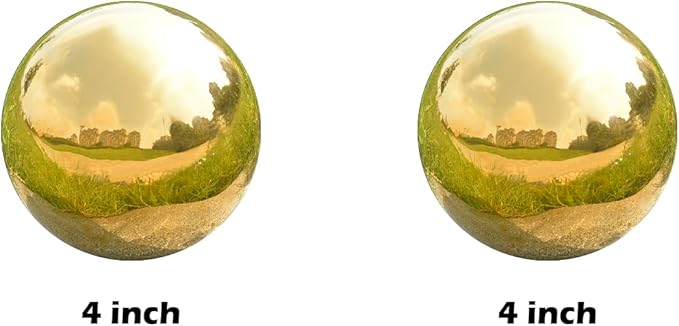 Nerien Gazing Ball, 3.9" Stainless Steel Garden Mirror Globe, Polished Ornament Sphere, Hollow Floating Reflective Hemisphere, Home Outdoor Pond Housewarming Swimming Pool Decoration, Gold, 2pcs