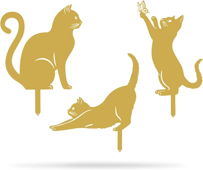 RealSteel I 3 Pack Steel Cat Garden Decor I Outdoor Yard Decorations I Gift for Cat Lovers I Lawn Ornaments and Statues I Garden Signs Decorative Outdoor - Gold