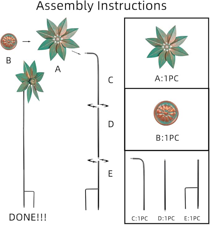 DREAMYSOUL Pinwheels for Yard and Garden, 38 Inches Metal Kinetic Wind Spinner for Outdoor Garden Patio Yard Decor