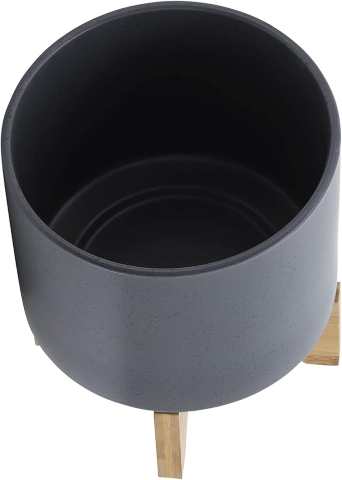Sagebook Home 8" Ceramic Planter, Matte Gray Planter, Indoor/Outdoor Planter on Wooden Stand - Use for Succulent Pot, Plants, Flowers and More