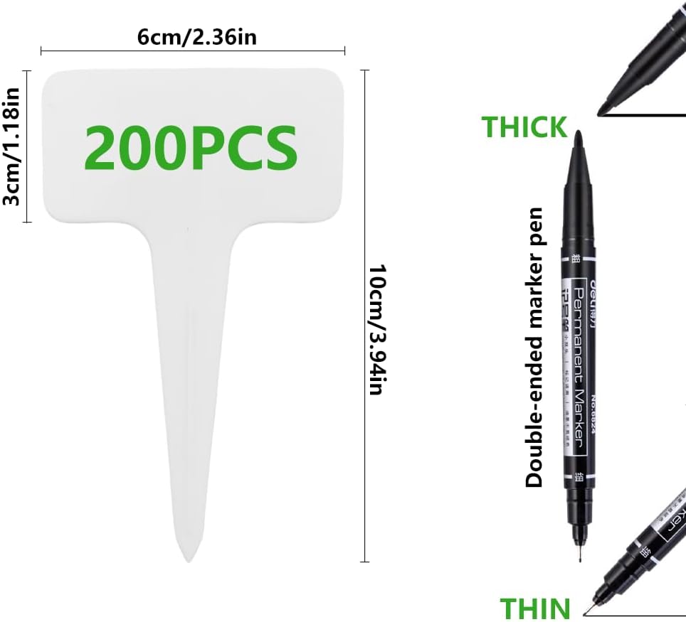 200 Pcs Thick Plastic Plant Labels, Seed Remark Name Sign, Waterproof Flower Potting Name Markers, T-Type Tags Nursery Garden Labels Re-Usable Plant Tags for Outdoor Garden