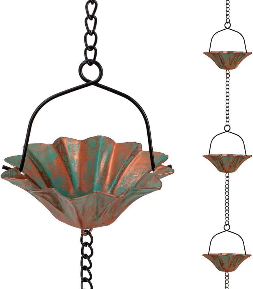 10 FT Lotus Rain Chain, Rain Chains for Gutters with 12 Bronze Cups, Adjustable Rain Catcher Chain with Bell for Eaves Drainage, Replacement for Downspout