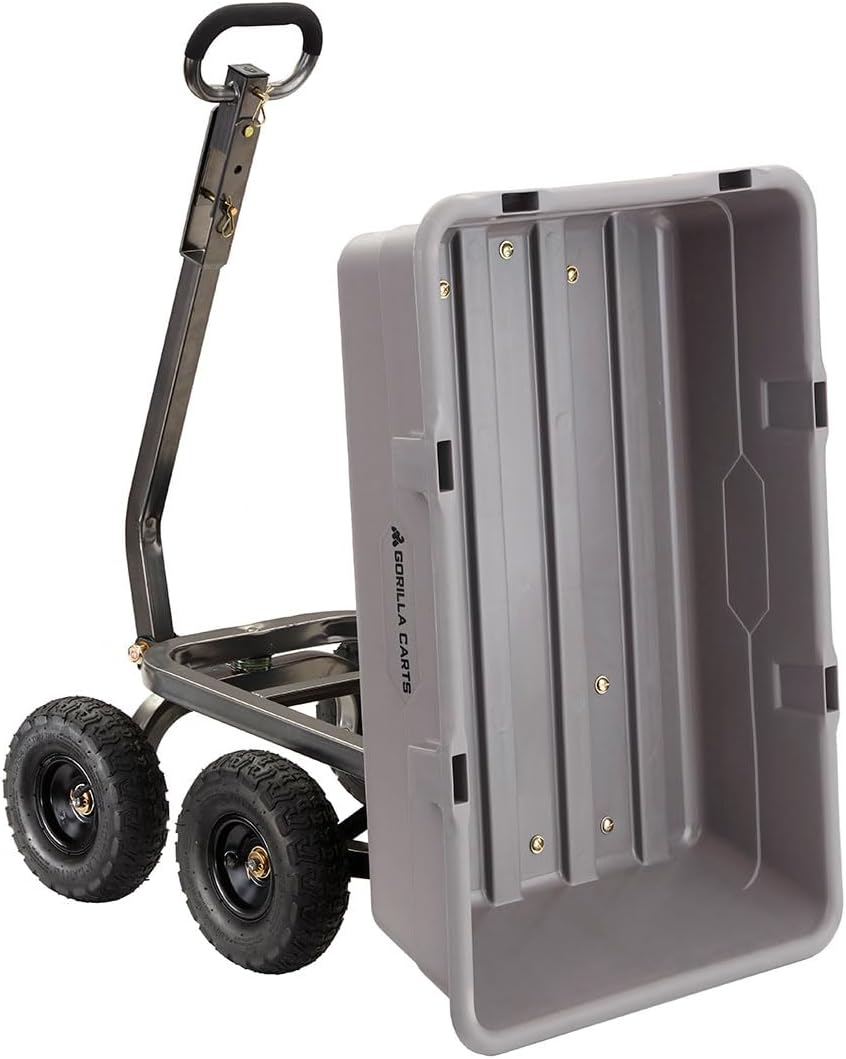 Gorilla Carts Heavy-Duty Poly Dump Cart, 5 Cu Ft Tub, 800 lb Haul Capacity, Gray – Towable Utility Wagon with Quick-Release Dumping & Pneumatic Tires for Yard, Landscaping and Gardening