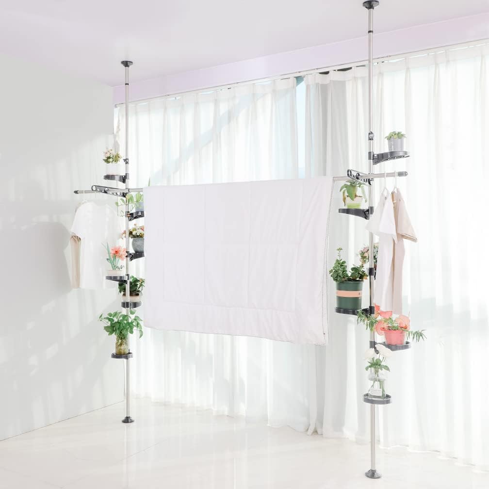 Hershii Expandable Plant Stand Double Tension Poles Holder Indoor Metal Flower Display Racks Floor to Ceiling Tall Decorative Storage Shelf with 12 Trays, 2 Arms & 1 Hanging Rod - Grey