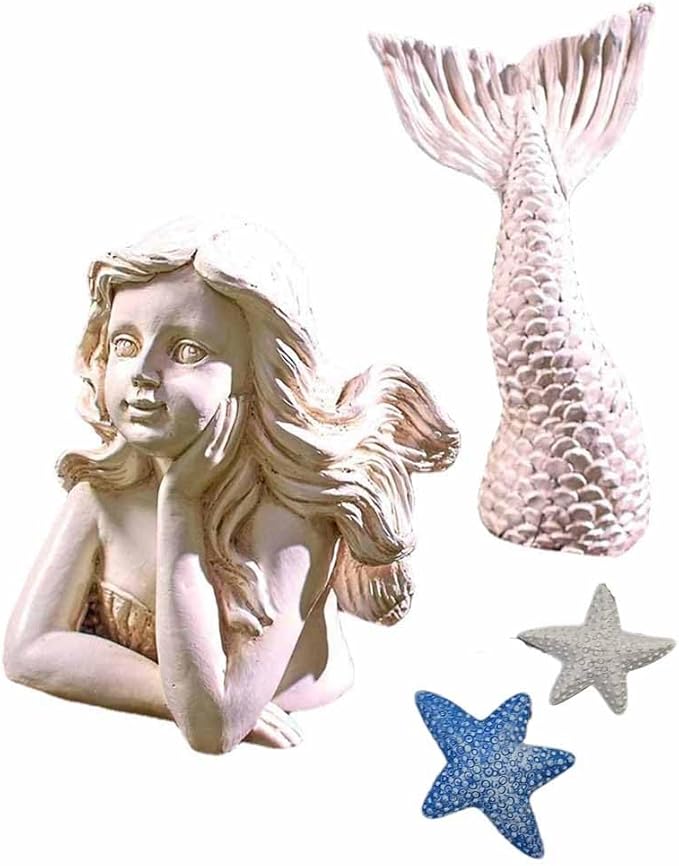 BGBWBFBR Handmade Mermaid Statue Set with Blue and White Starfish: A Beautiful Addition to Your Home Décor, ry-001