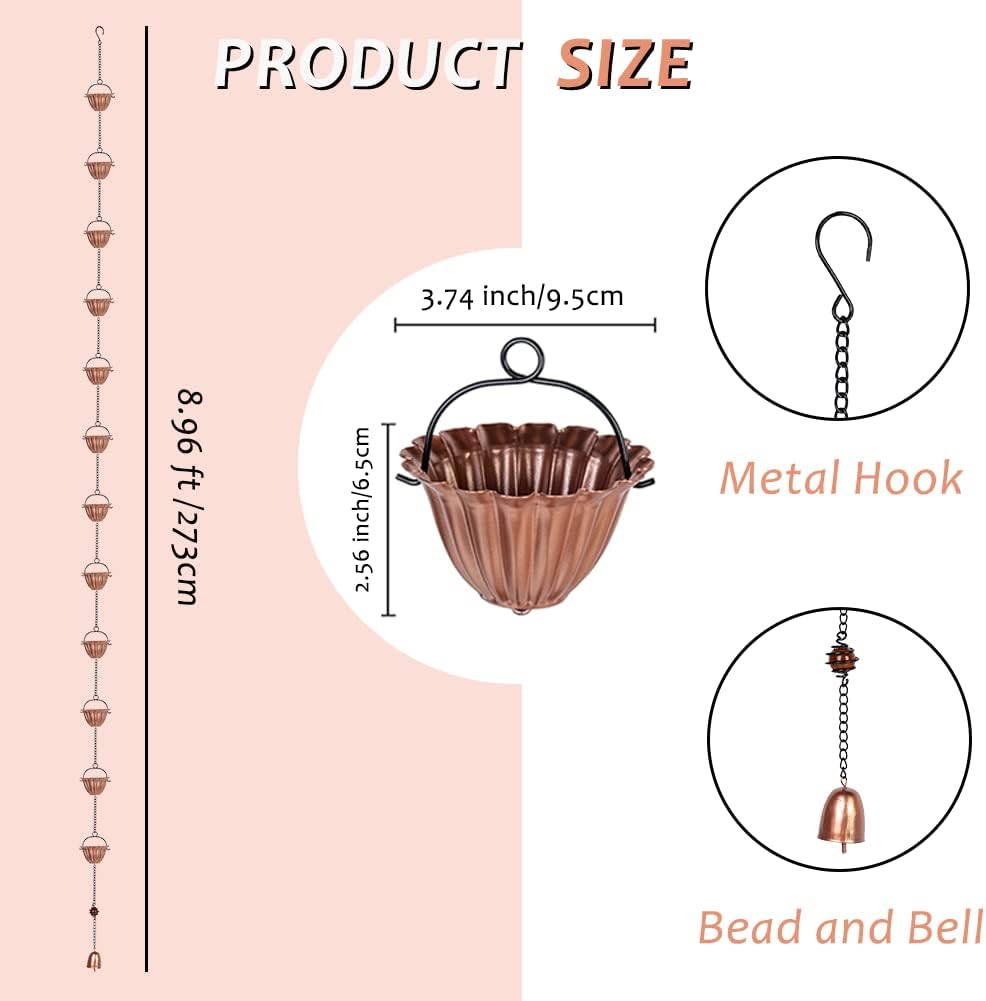 9 Ft Rain Chain, Thick Metal Rain Gutter Chains with 12 Gold Flower Cups, Adjustable Rain Catcher Chain for Eaves Drainage, Replacement for Downspout, Outdoor Decor