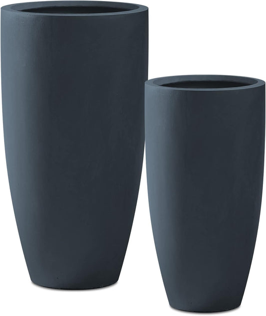 Kante 31.4" and 23.6" H Charcoal Finish Concrete Tall Planters Large Outdoor Indoor Decorative Plant Pots with Drainage Hole and Rubber Plug, Modern Tapered Style for Home and Garden