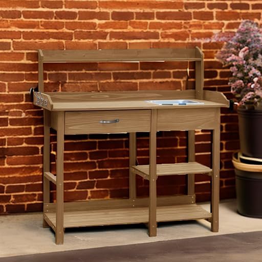 MUPATER Potting Bench Garden Table for Outdoors with Removable Stainless Sink, Planting Work Bench with Storage Shelves and Drawer, Natural Wood