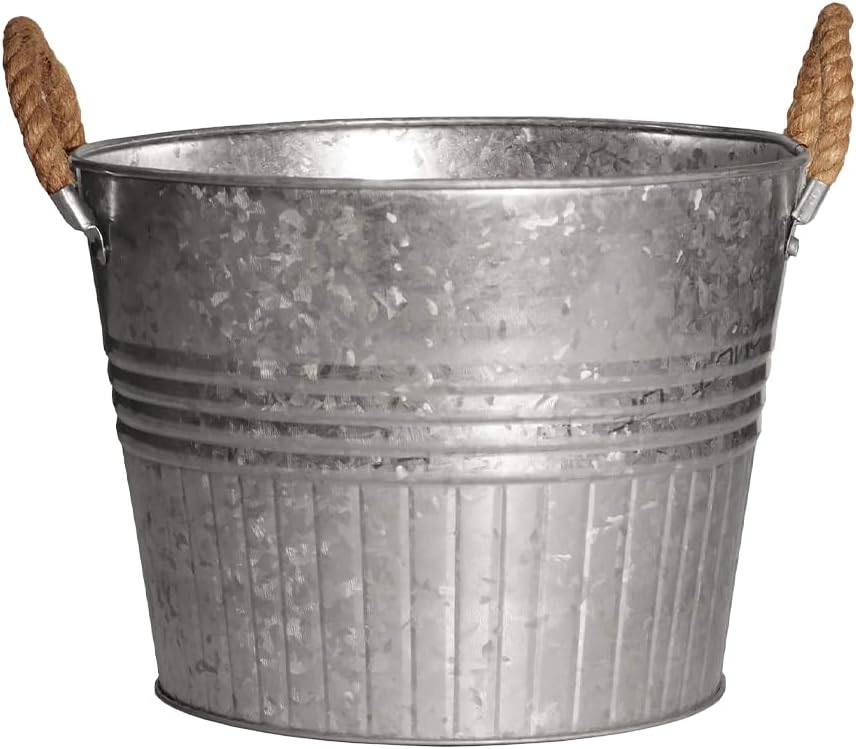 Headwind Round Galvanized Bucket w/Rope Handles – 8 Inch Metal Tub Bucket Planter for Outdoor Plants with Drainage Hole – Galvanized Large Outdoor Planters Buckets by Robert Allen