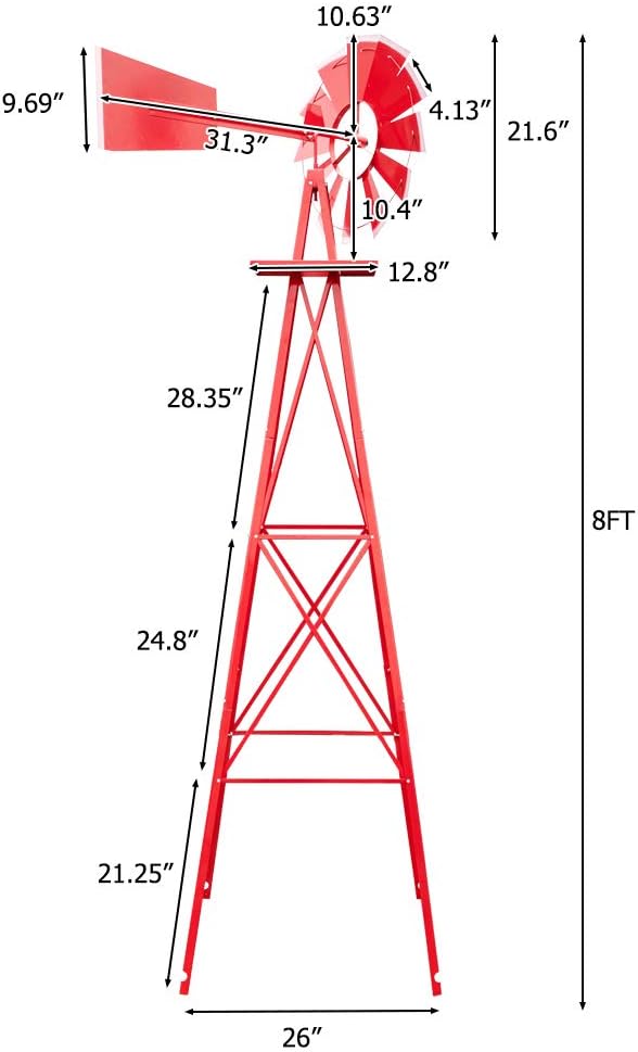 VINGLI 8FT Metal Windmill Ornamental Spinner Backyard Garden Decoration Weather Vane, Heavy Duty Wind Mill w/ 4 Legs Design, Red