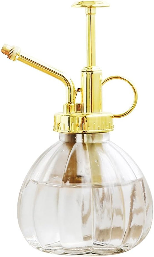 Plant Mister, 6.5" Tall Decorative Glass Water Spray Bottle with Gold Top Pump Small Watering Can by Ebristar - Clear