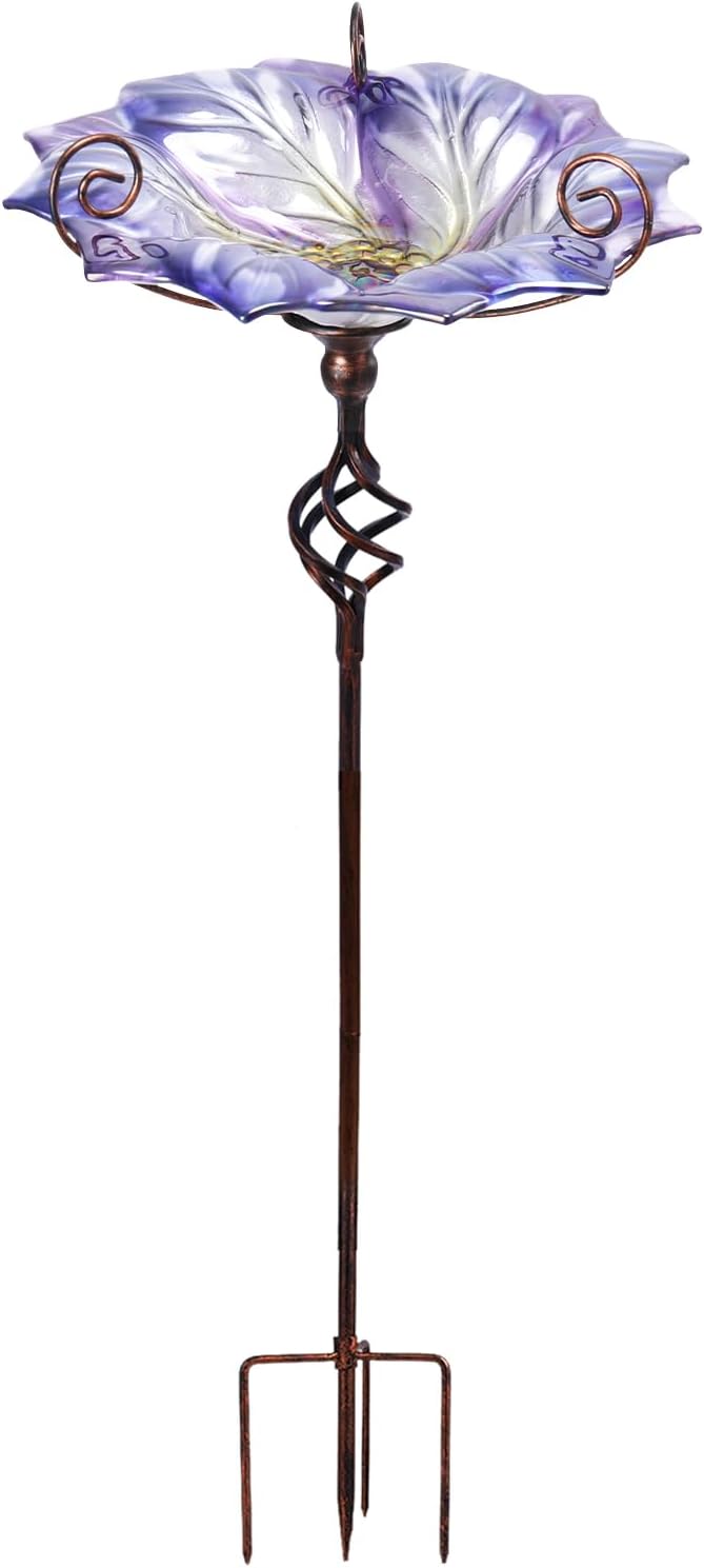 VCUTEKA Glass Bird Bath Outdoor BirdBath Bird Feeder with Metal Stake Garden Decor, Purple
