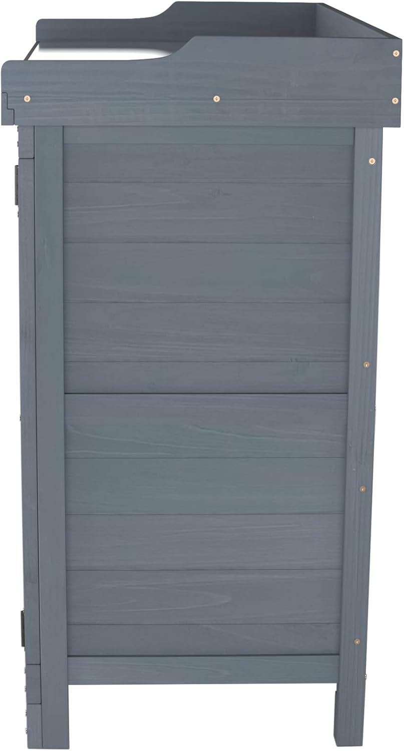Outdoor Garden Patio Wooden Storage Cabinet Furniture Waterproof Tool Shed with Potting Benches Outdoor Work Station Table (Gray)