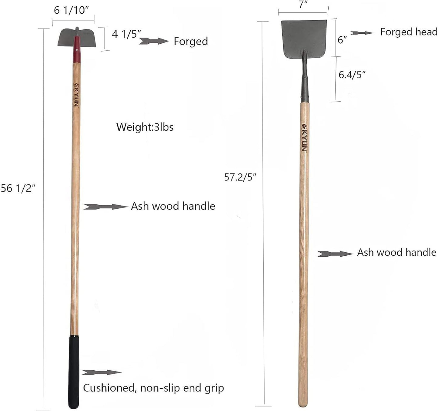 KYLIN 6-Piece Pro Long Ash Handle Garden Tools Set for Landscaping Agricture or Backyard,14-Gauge Shovels,Forged Rakes,Forged Weeding Hoe Sidewalk Scraper,