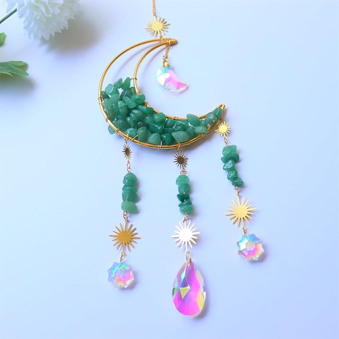 Crystal Suncatcher Hanging Moon Sun Light Catcher with Glass Prisms for Window Natural Green Quartz Decor Home Indoor Making Rainbows