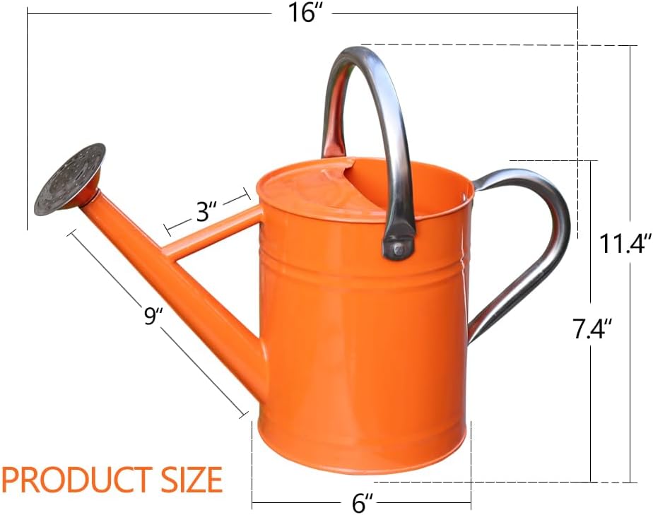 Metal Watering Can, One Gallon Watering Cans Stainless Steel for Outdoor Indoor Garden Plants Watering (Stainless Steel Handle Orange)