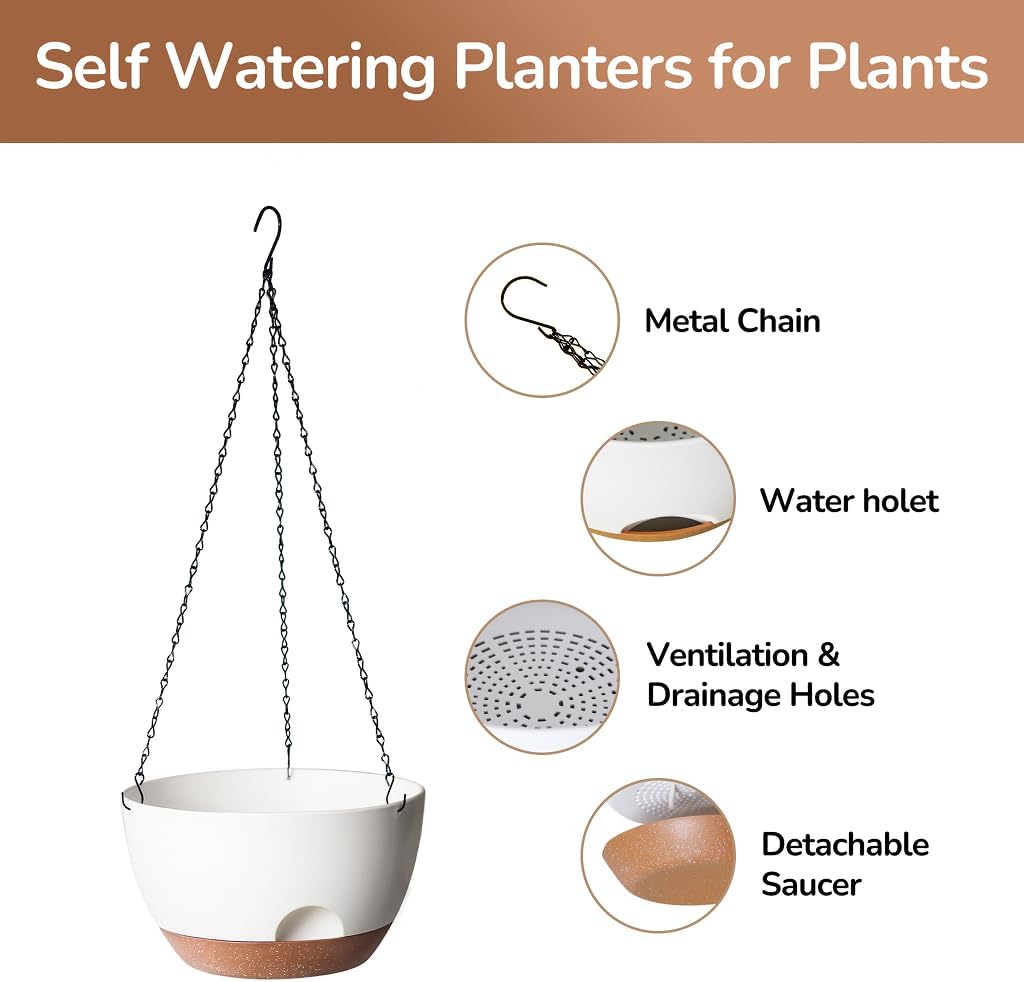 Hanging Planter for Indoor Plants, 10 Inch Self-Watering Hanging Planters with Drainage Holes and Chain, Set of 2 Outdoor Hanging Pots for Garden Home