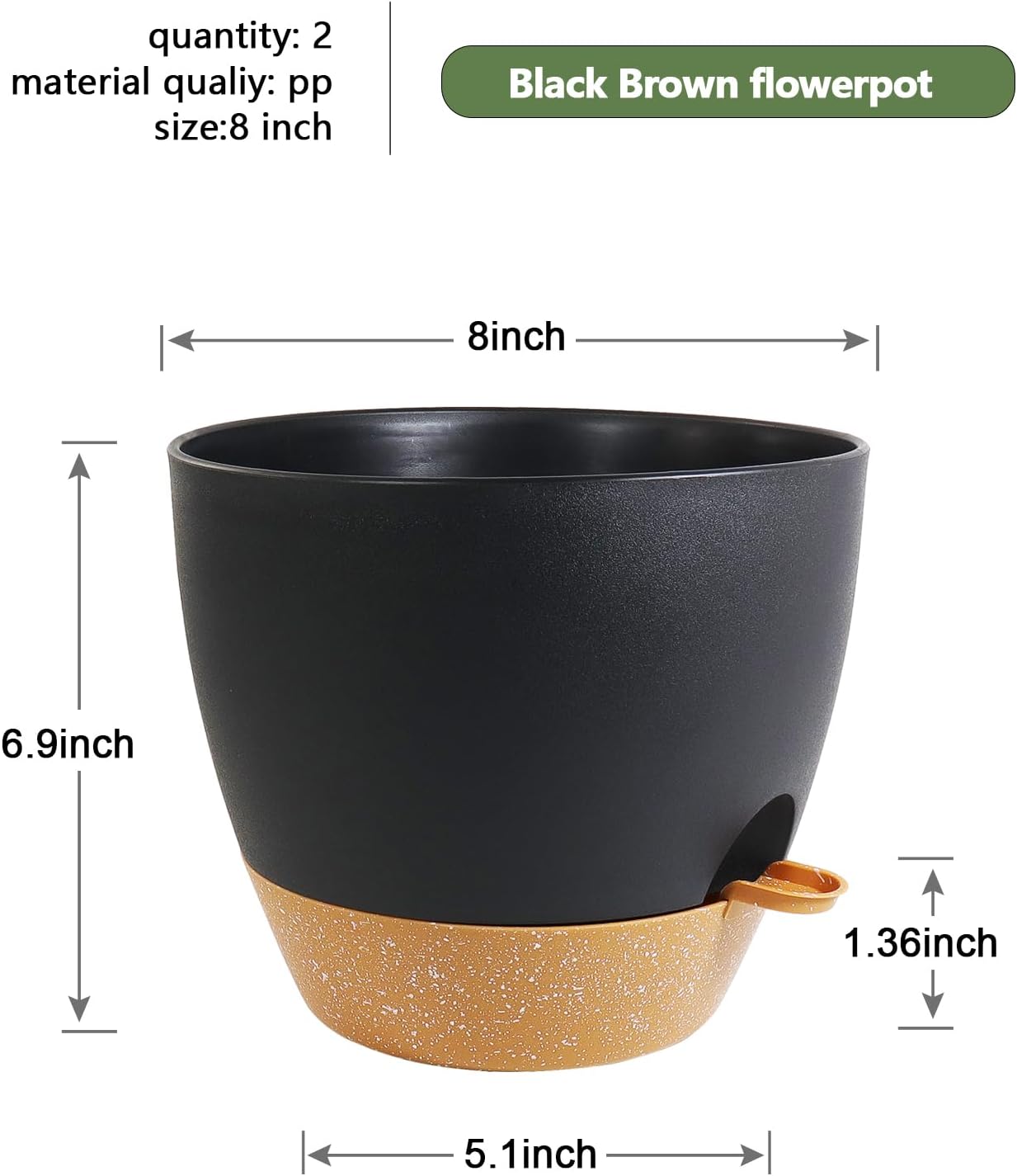 8 inch Self Watering Pots, 2 Pack Plastic Planters with Mesh Drainage Holes for Garden Plants and Flower, Plants Pots with Deep Reservoir for Indoor Outdoor Plants, Black with Brown