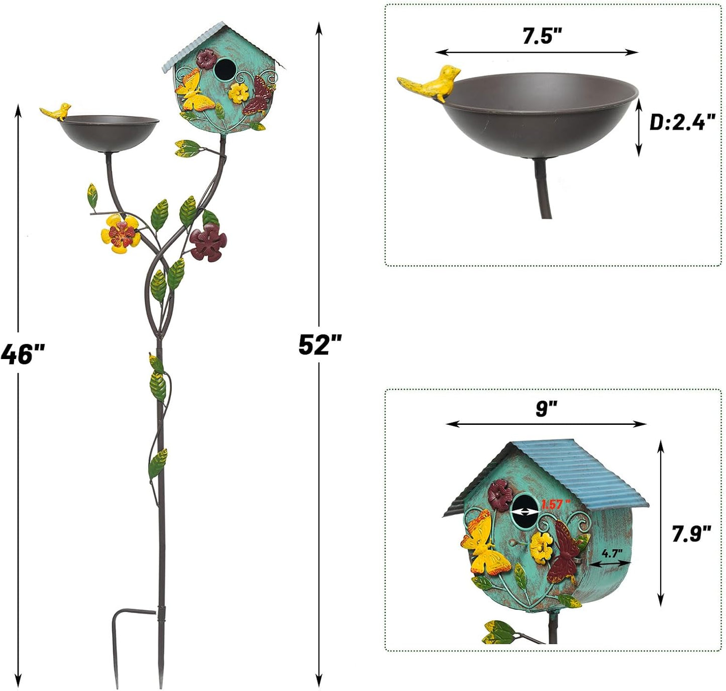 52" H Bird Baths for Outdoors,Metal Bird Bath Bowl,Birdhouses for Outdoors with Pole,Birdhouses for Outdoors,Garden Yard Decor