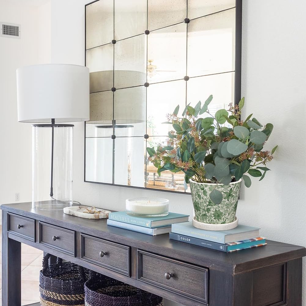 Set of 2 Ceramic Green Plant Pots with Drainage Hole and Saucers, Vintage Farmhouse Accent Planters for Indoor Plants, Round Flower Pots Rustic Succulent Cactus Pots Terracotta Tubs 5.7/4.7 Inch