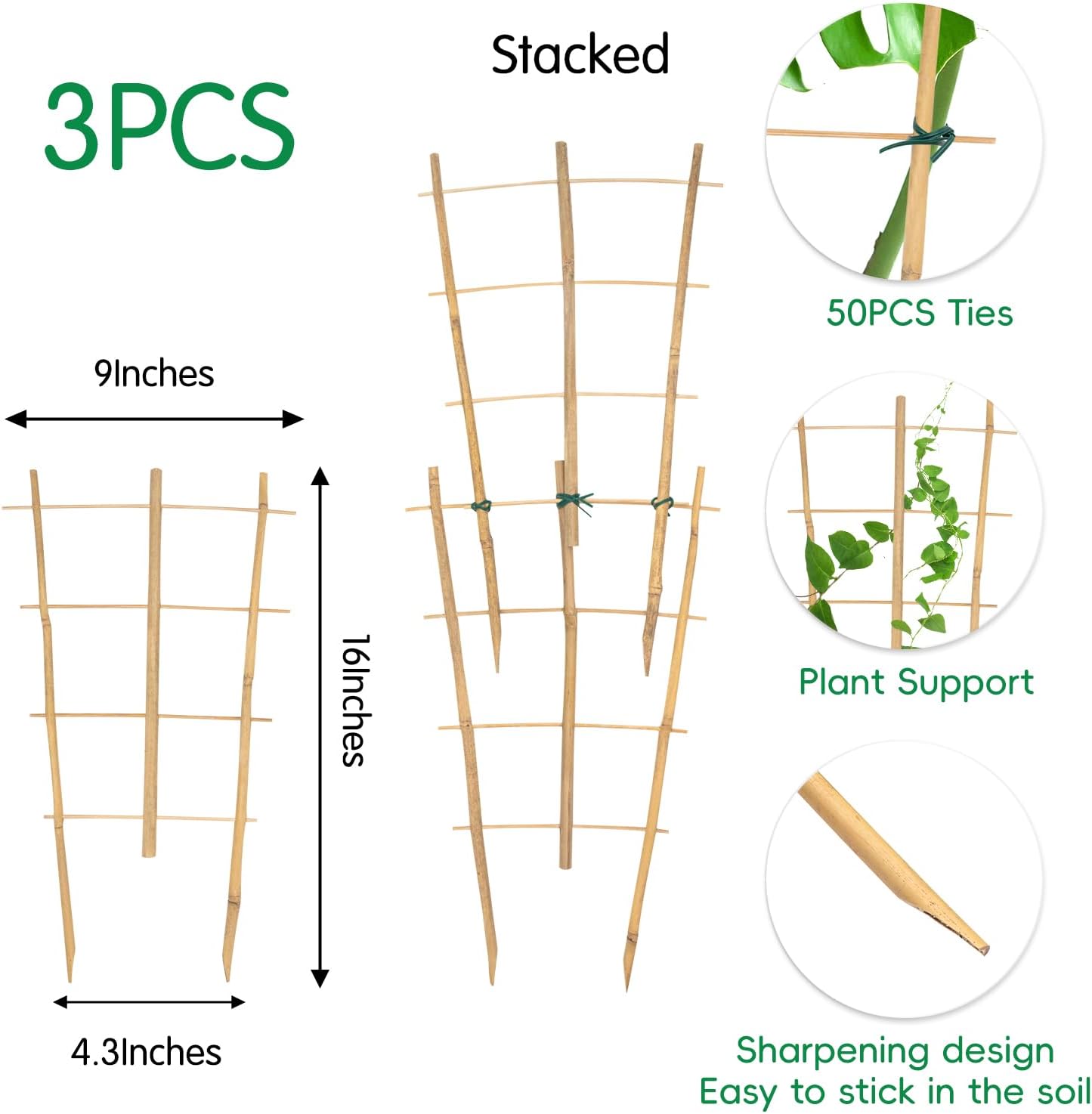 Garden Bamboo Trellis 16 Inch Fan Shaped Small Plant Trellis,Natural Wood Trellis for Climbing Plants Orchid Monstera Indoor Potted Plants-3 Pack