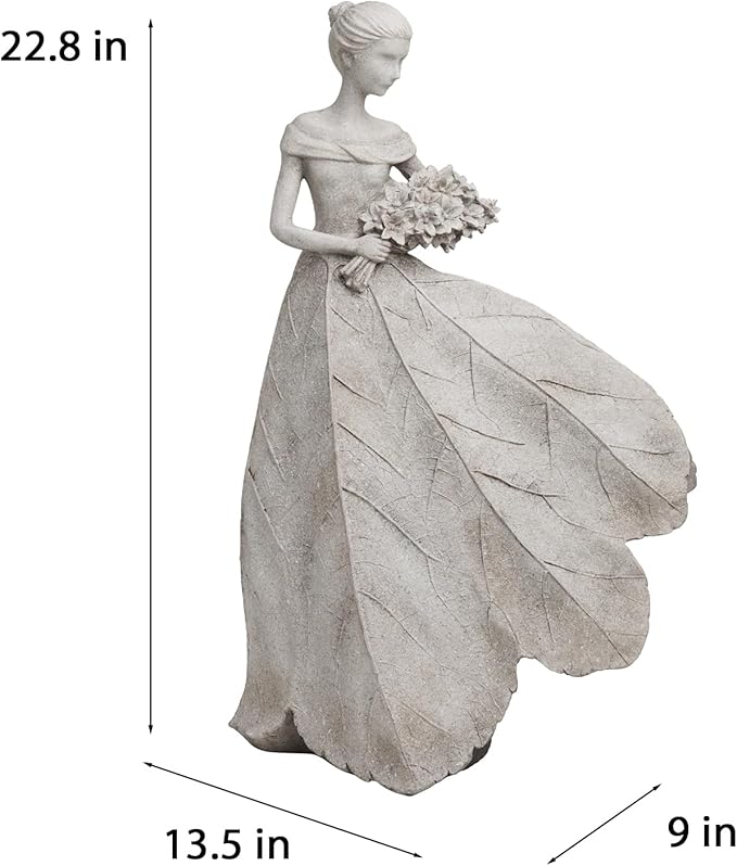 Guichifun Fairy Statue Collection Home Decoration - Grey Leaf Angel Girls Resin Home Decor for Outside or Inside Rustic Garden Outdoor Yard Decorations Figurines Gift 14.25 x 9 x 20.25 Inch