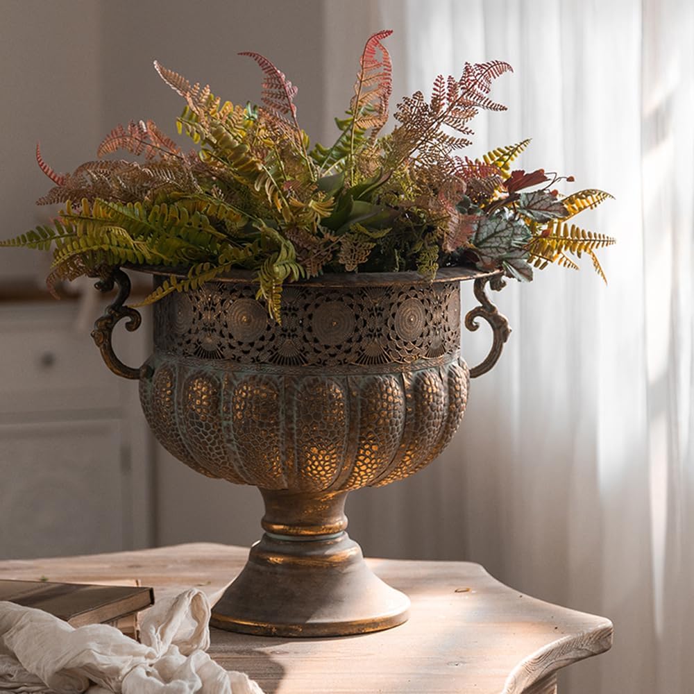 Vintage Metal Decorative Urn Planter with Stand, Embossed Pattern, Bronze Finish (45 * 39 * 36CM)