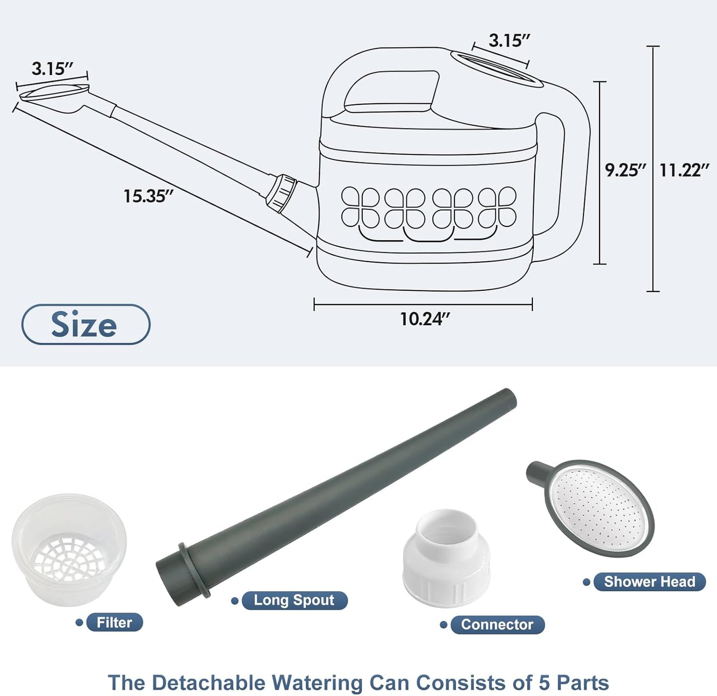 2 Gallon Watering Can for Outdoor Plants, Plant Watering Can with Removable Long Spout and Stainless Steel Sprinkler Head, Large Water Can for Garden Flowers Vegetables