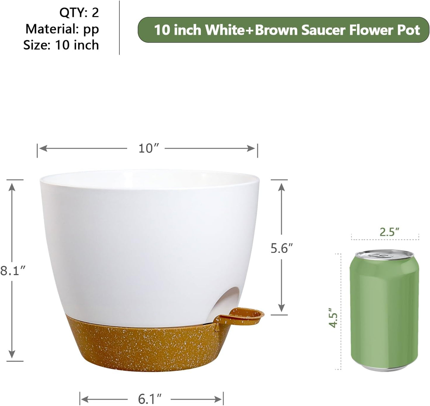 10 inch Self Watering Pots, 2 Pack Plastic Planters with Mesh Drainage Holes for Garden Plants, Plants Pots with Deep Reservoir for Indoor Outdoor Plants, White with Brown